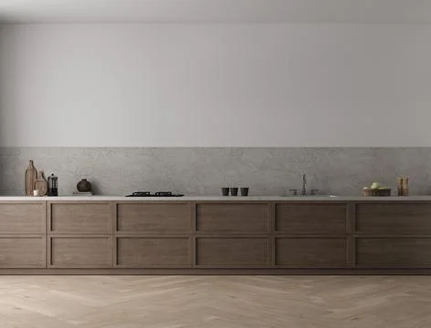 Wall mockup in brown kitchen interior background with hardwood floor. Gray Stock Illustration