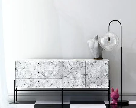 Wall mockup with marble sideboard and concrete sculpture 3d render Stock Illustration