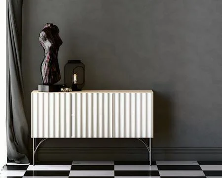Wall mockup with white sideboard marble floor and modern sculpture 3d render Stock Illustration