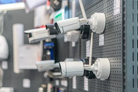 Wall-mounted collection of security cameras in an industrial setting, arrange Foto stock