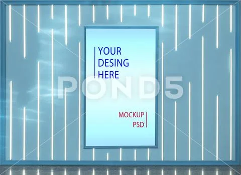 Wall-mounted luminous advertising panel, mockup psd PSD Template