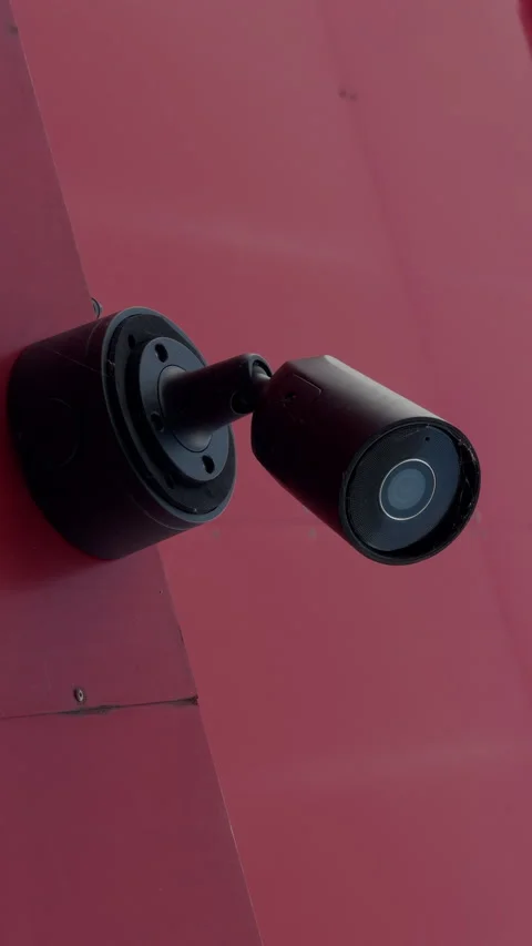 Wall mounted security camera on magenta exterior surface with angled bracket and Stock Footage 344966149