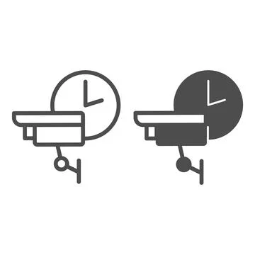 Wall mounted surveillance camera and clock, protection line and solid icon, CCTV Stock Illustration