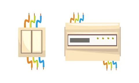 Wall Mounted Switch and Device with Conductor Cable as Electric Power Object Stock Illustration