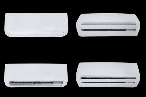 Wall mounted white air conditioner in 4 angles isolated on black background Stock Photos