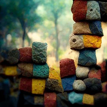 A wall of multi-colored stones against the backdrop of a tropical forest Stock Illustration