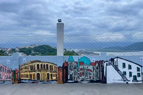 A wall with nice artwork. at the viewpoint Monte serrat, Santos Brazil. Stock Photos