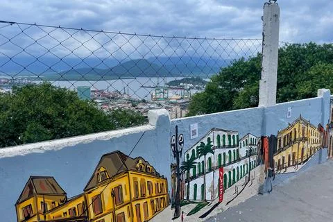 A wall with nice artwork. at the viewpoint Monte serrat, Santos Brazil. Stock Photos
