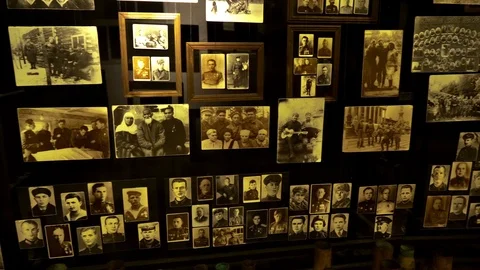 Wall with old black and white photographs of  Soviet army of the USSR Stock Footage 123824382