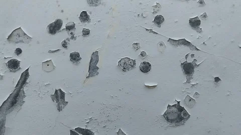 Wall paint that is peeling because the wall is damp Stockbeeldmateriaal 305610293