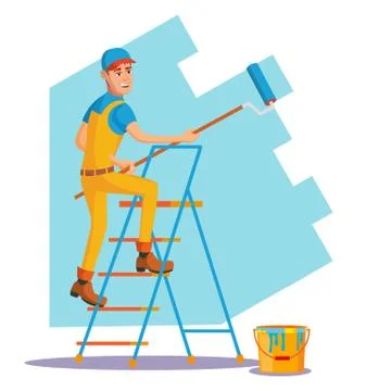 Wall Painter Vector. Worker At Work. Painting Wall. Isolated Flat Cartoon Illustrazione stock