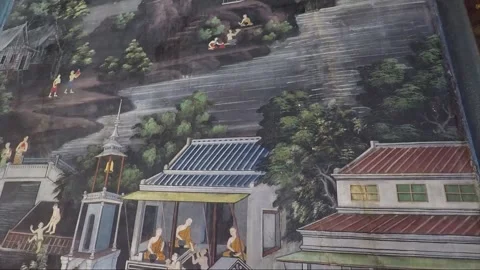 Wall painting inside Buddhist Temple Wat Bowonniwet, Bangkok, Thailand Stock Footage 161631775