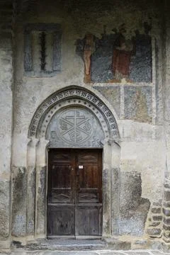 Wall paintings of hell and the devil, Romanesque church, Mont village, Louron Stock Photos