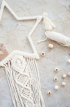 Wall panel boho style made with macrame technique Stock Photos