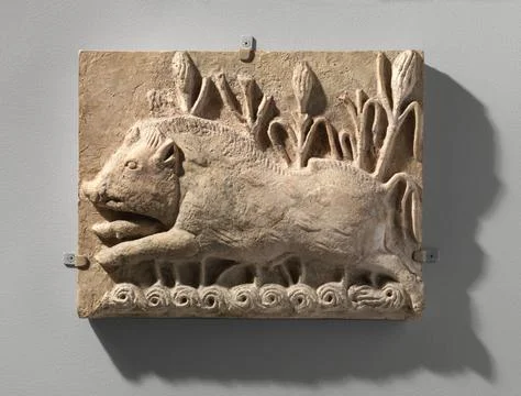 Wall panel with a charging boar ca. 6th century A.D. Sasanian Animal motifs.. Fotos Stock