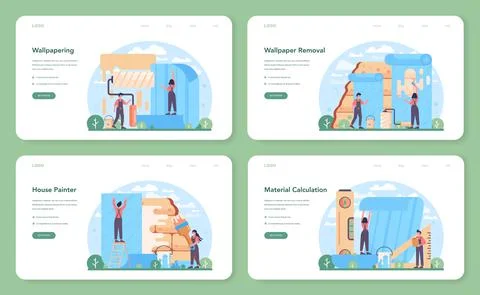Wall papering web banner or landing page set. Worker gluing wallpapers Stock Illustration