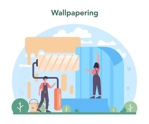 Wall papering. Worker gluing wallpapers on the wall. Professional worker Stock Illustration