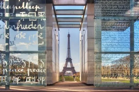 The Wall for Peace and Eiffel Tower at sunset Stock Photos