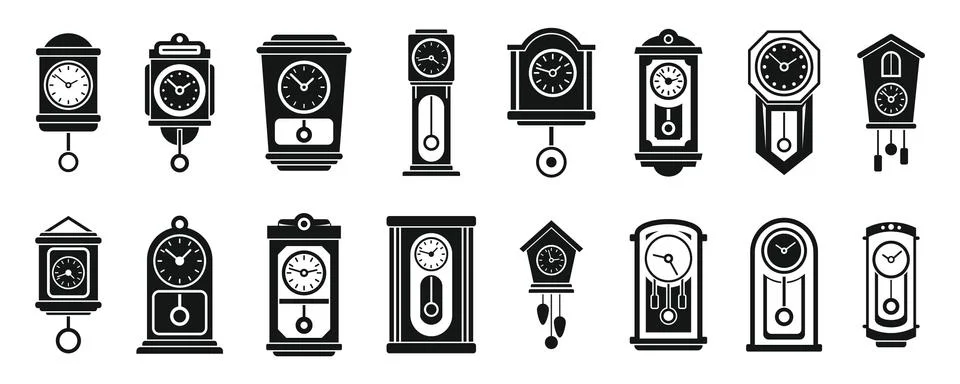 Wall pendulum clock icons set, simple style Stock Illustration