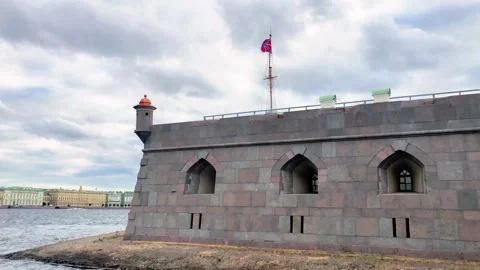 Wall of Peter and Paul Fortress and Russian Navy Jack Flag Stock-Footage 331130117