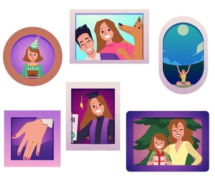 Wall with photos in frames, concept of memories - flat vector illustration イラスト素材