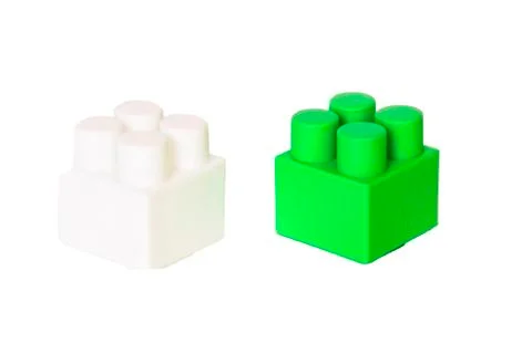 Wall from Plastic building blocks isolated on white background. Stock-Fotos