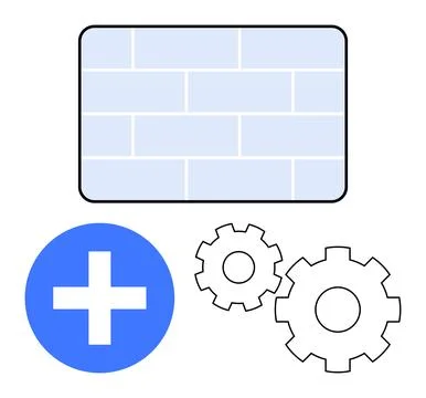 Wall Rectangle with Brick Pattern, Plus Sign in Blue Circle, and Three Blac.. イラスト素材