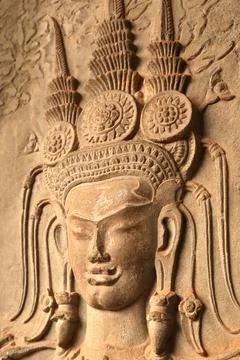 Wall relief, bas-relief, bas relief inside the temple of Angkor Wat, the fa.. Foto stock