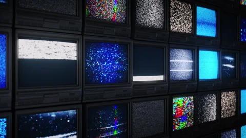 Wall of retro CRT TV sets with Static Noise seamless loop 3D render animation Stock Footage 328118189
