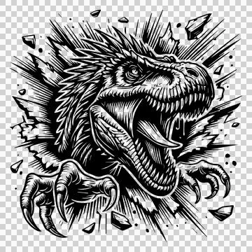 Wall Roaring Dinosaur Head Breaking Through teeth claws Illustration
