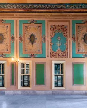 Wall at royal era historic Manasterly Palace with carved frames, Cairo, Eg... Stock Photos