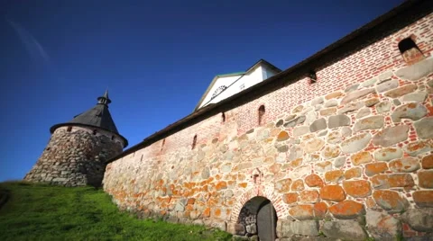The wall of Russian Orthodox Solovetsky Monastery made of huge stones. Stock Footage 64929540