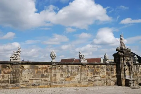 Wall with sculptures at the Domplatz in Bamberg Stock Photos