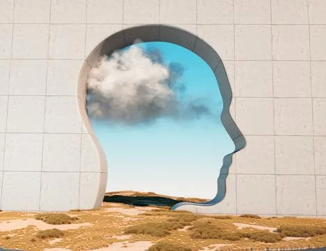 Wall with shape head and clouds. Stock Illustration