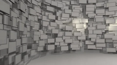 Wall of slowly moving plates in a rounded room (3d rendering) Stock Footage 84595236