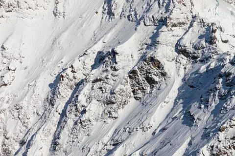 Wall of snow-capped mountain with texture on hill slope, Jungfrau. Stock Photos