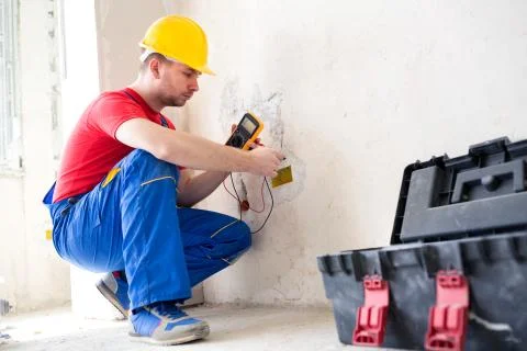 Wall socket current checking with unimer Stock Photos