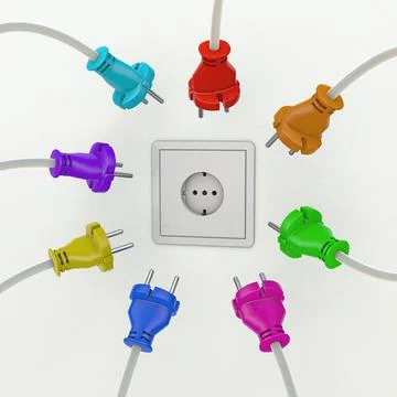 Wall socket with many different colored power plugs around it Illustrazione stock