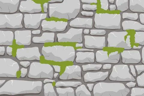 A wall of stone, a stone wall overgrown with moss. Masonry made of gray Stock Illustration