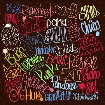 Wall street art. Text pattern. Scribble spray print. Alphabet brush tags. U.. Illustrazione stock