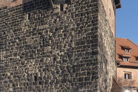 Wall structure of the historic pentagonal tower Kaiserburg Nuremberg Middle Stock Photos