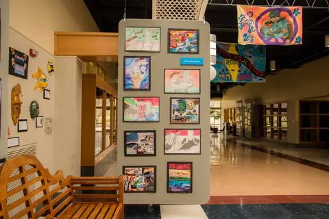 Wall of student artwork in a private Jewish elementary school. Stock Photos