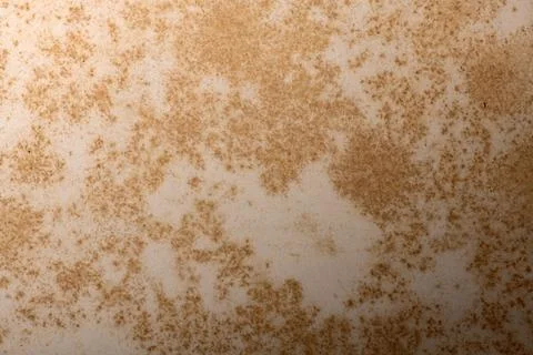 Wall surface has beige texture. Aged wall forms spotted stains. Weathered wal Stock Photos