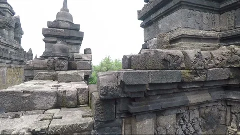 Wall of Temple Terrace, Stupas, Bas Reliefs, Borobudur, Java, Indonesia Stock Footage 243909899