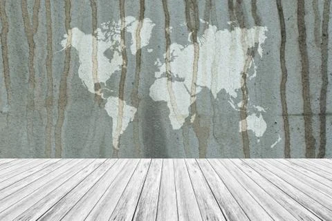 Wall texture background, with white wood terrace and world map 스톡 사진