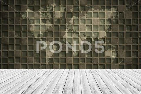 Wall texture surface vintage style with Wood terrace and world map Stock Photos