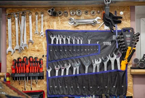 Wall with various tools in the garage 스톡 사진