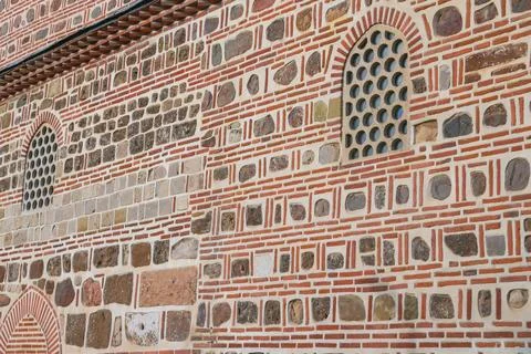 Wall view showing different stone and brick patterns at a historic site in .. Stock Photos