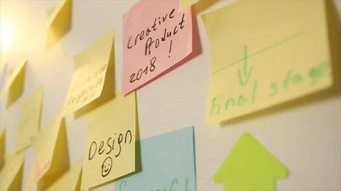 Wall of visual ideas of stickers of paper notes. Stock Footage 91378424