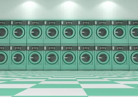 A wall of a well lit clean stack of turquoise industrial washing machines Stock Illustration